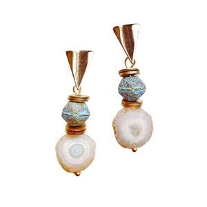 Natural Stalactite Slice Gemstone Czech Glass Earrings, 14K Gold Plated Posts